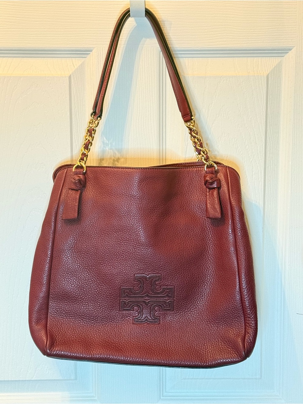 Tory Burch Harper Leather Tote Shoulder Bag Burgundy Gold Chain - Picture 4 of 16